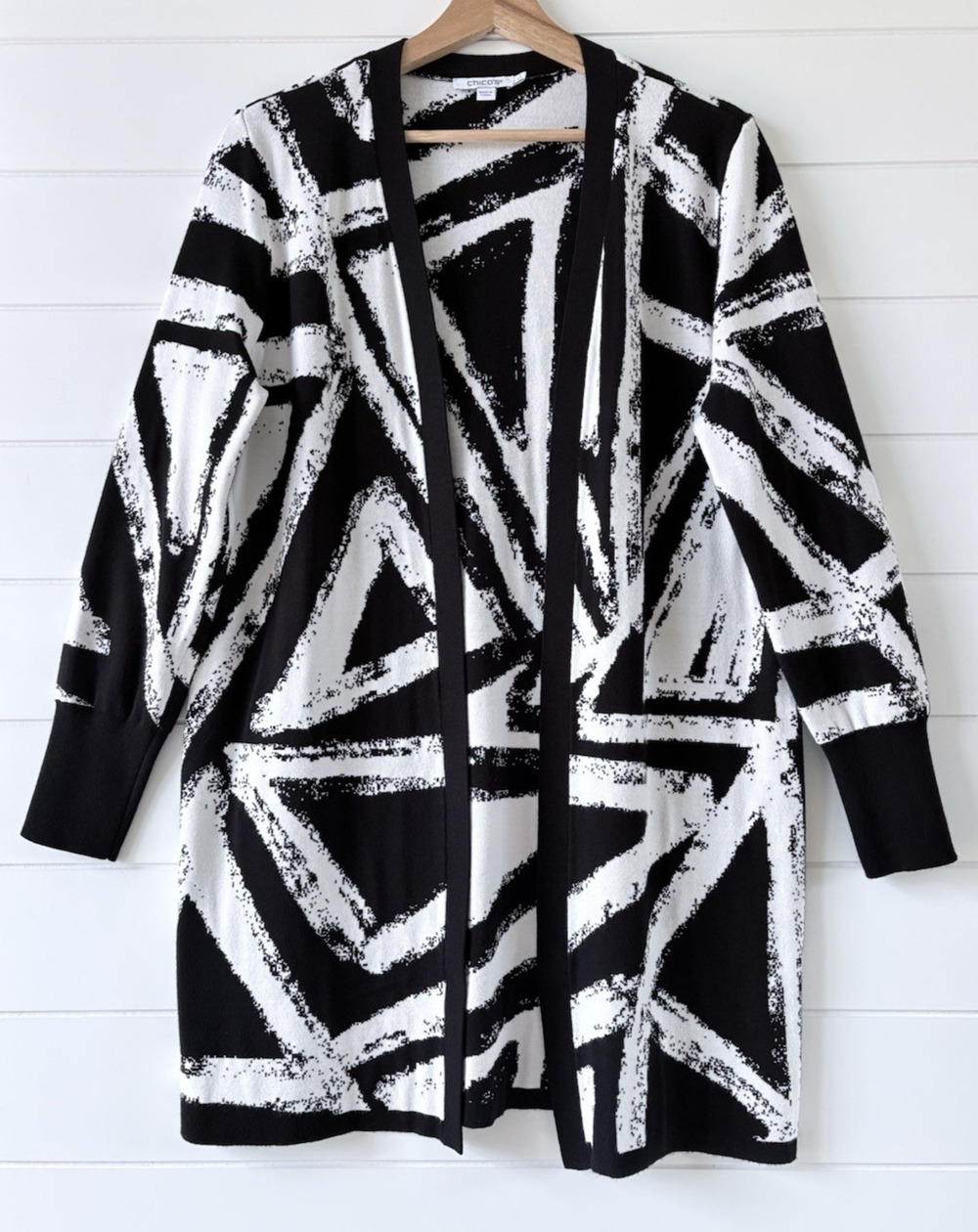Chicos Black White Abstract Open Front Cardigan Longline Sweater Bold Artsy M